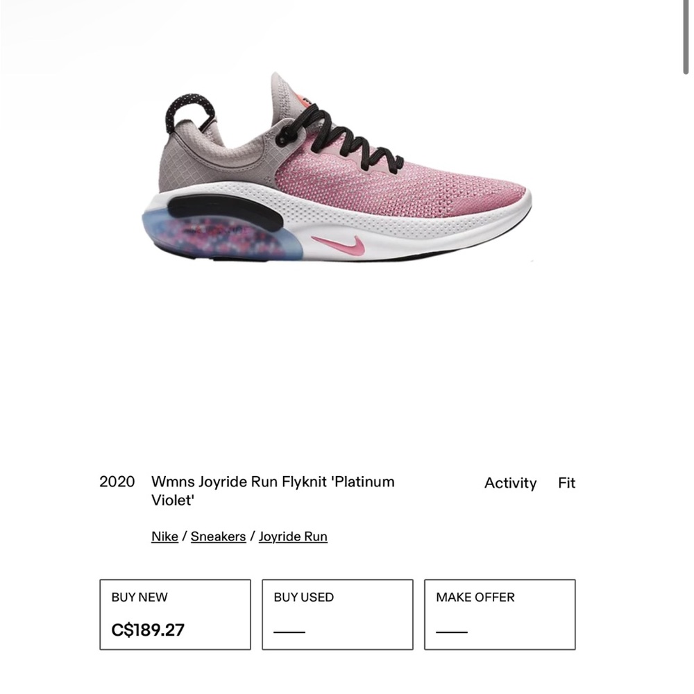Women’s size 8 joyride flyknit colour platinum violet
